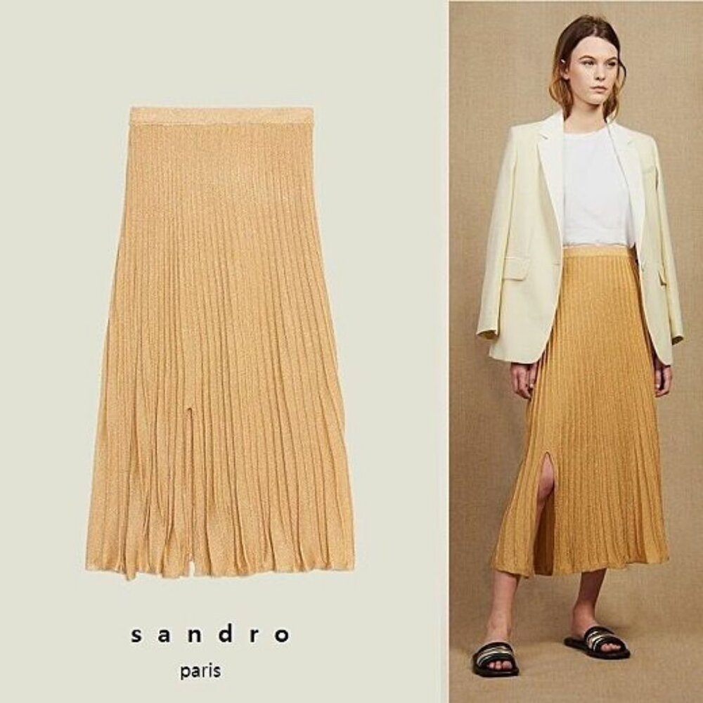 Sandro Emanuelle Metallic Knitted Midi Skirt Pleated High Rise Waisted Slit Gold - Picture 9 of 9